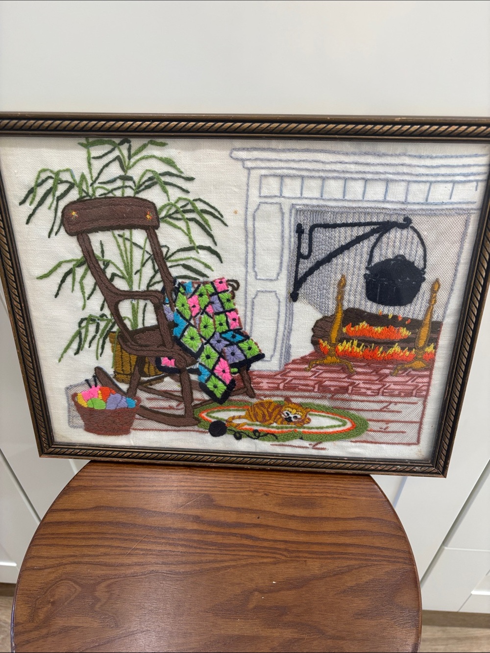 Handmade Embroidered Hearth Scene Wall Art in Multicolor